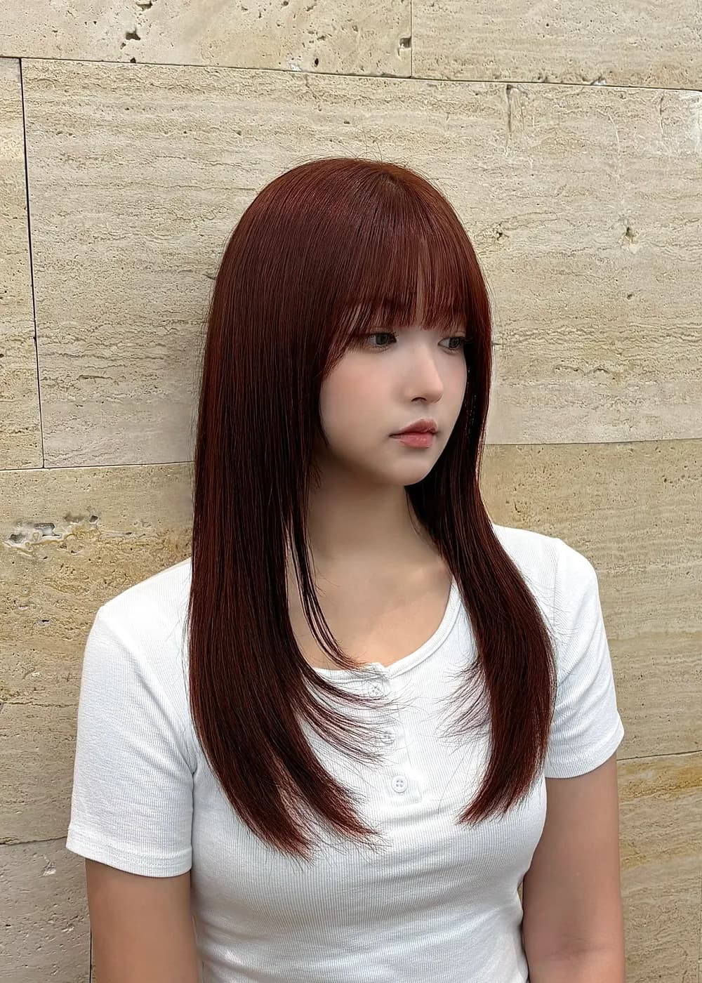 Deep red long hair with a straight fringe · RARIEN Gangnam